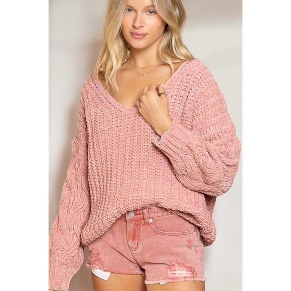 POL Dusty Pink Color Blend V Neck Chenille Sweater with Cable Knit Sleeves - Picture 3 of 8